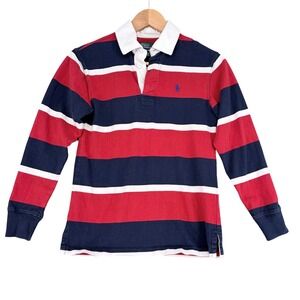Vintage Polo Ralph Lauren Kids M 10-12 Rugby Shirt Navy Red White Striped Cotton